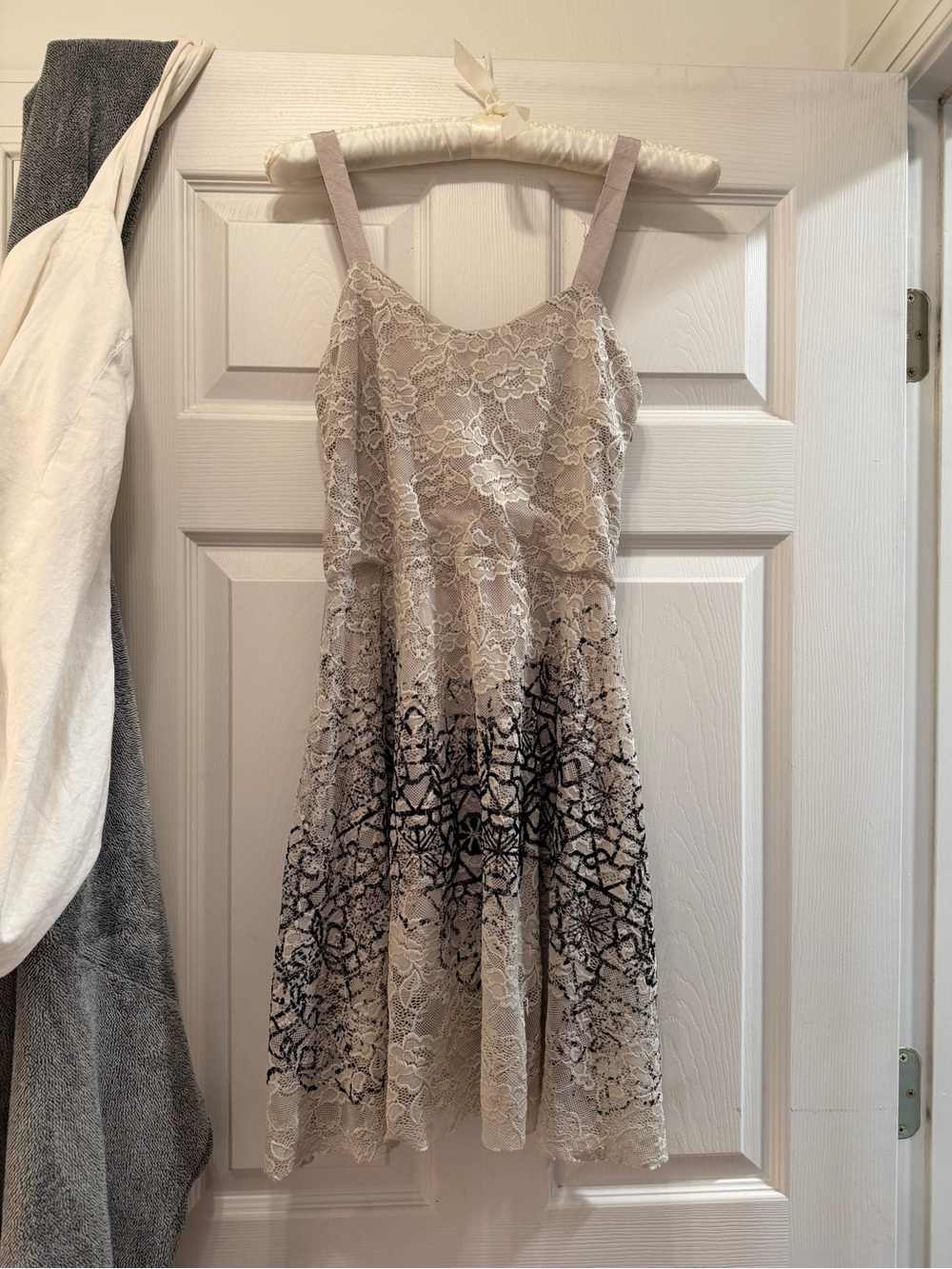 Free People Ivory Black Lace Mini Dress Floral Ombré Fit Flare Boho Size Small